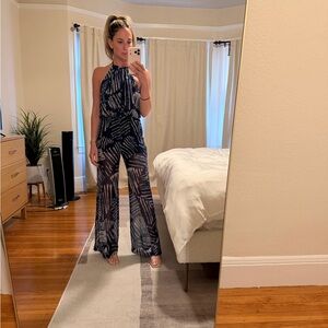 Reformation Navy and White Halter Wide-Leg Jumpsuit